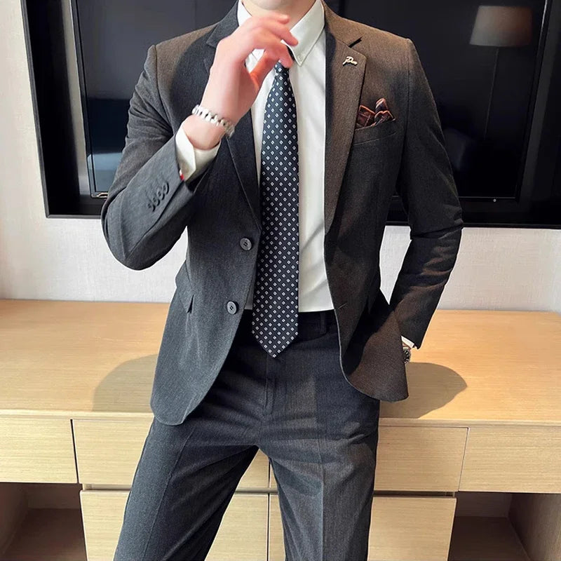 Men's High-End Solid Color Suit – Jacket & Pants for Business, Wedding & Party