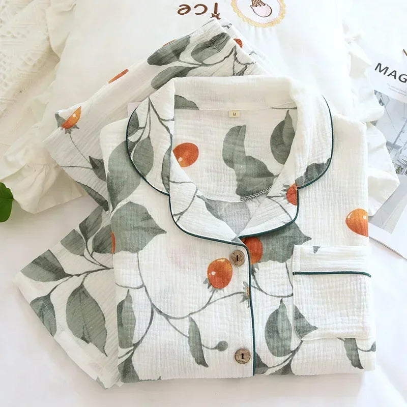 Large Size Women's Cotton Crepe Pajama Set | Long Sleeve Top & Trousers | Simple Comfortable Homewear for Summer & Autumn