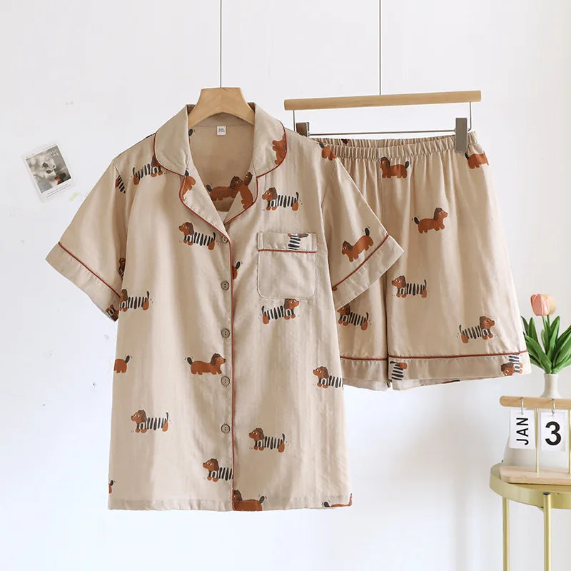 New 100% Cotton Short-Sleeved Pajama Set for Women | Cute Cartoon Japanese-Style Summer Sleepwear
