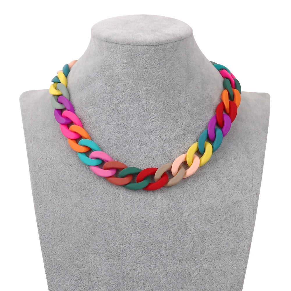 Trendy Colorful Acrylic Chain Choker Necklace for Women | Statement Matte Resin Wide Collar Jewelry