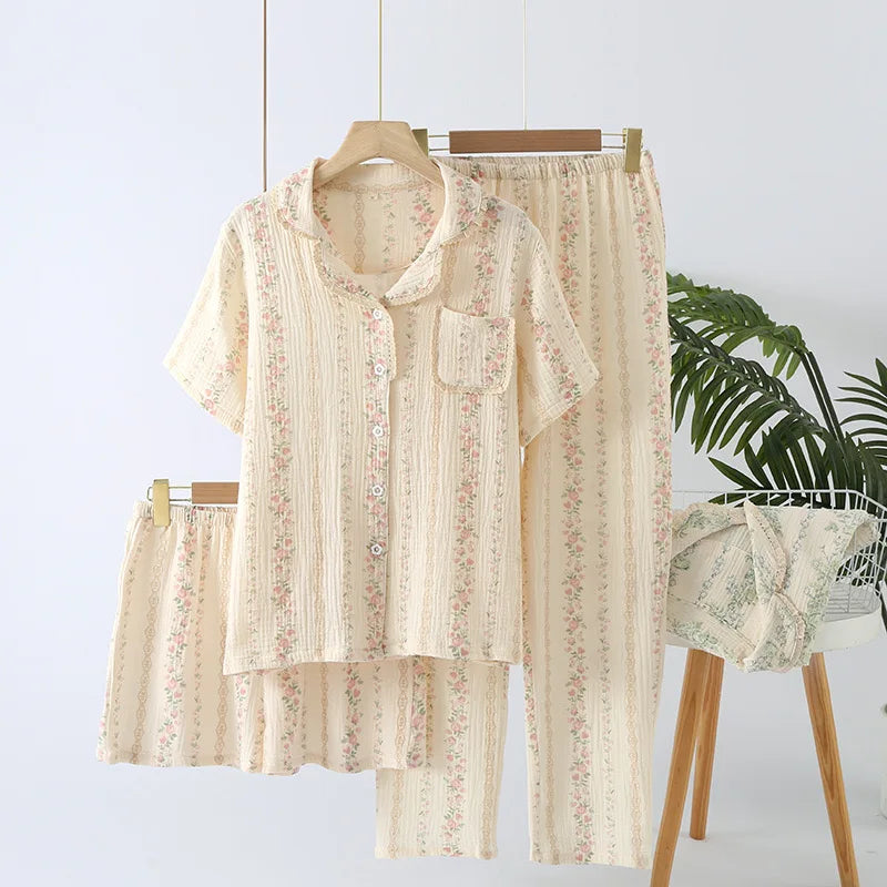 Summer Women's Pajama Set | 3-Piece 100% Gauze Cotton Sleepwear with Short Sleeve Top, Long Pants & Shorts