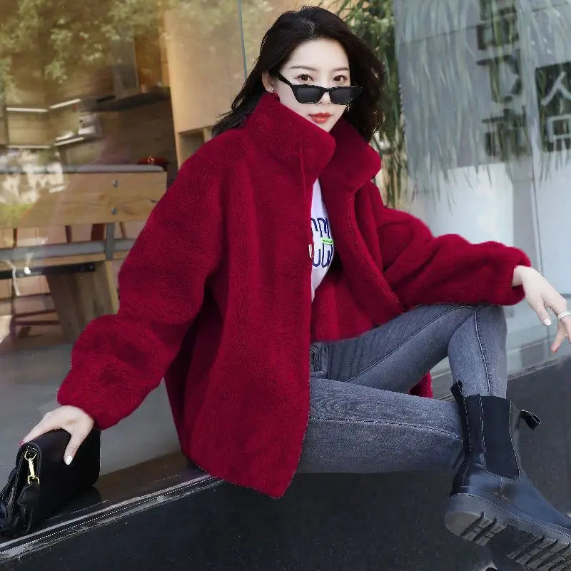 Winter Warm Double Coral Fleece Coat Women Stand Collar Plush Thick Loose Casual Long Sleeve Zipper Overcoat