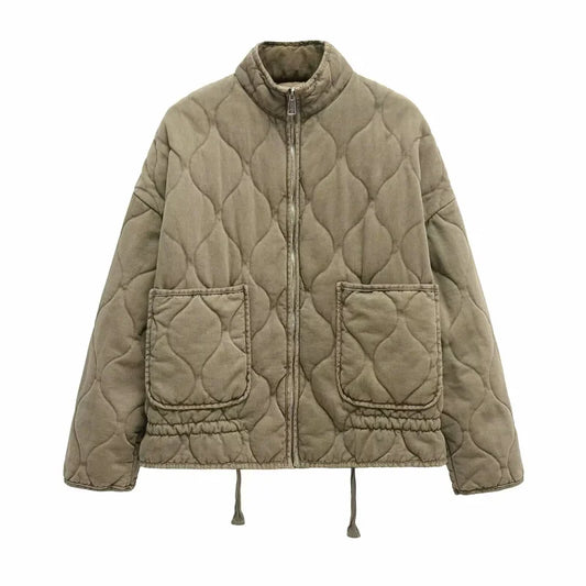 ZW Women's Cotton Jacket 2025 Vintage Lenzing Rayon High Collar Quilted Coat with Large Pockets
