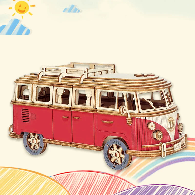 Retro Bus & European-Style Campervan 3D Wooden Puzzle – DIY Car, Airplane & Sailing Ship Model Toy for Kids
