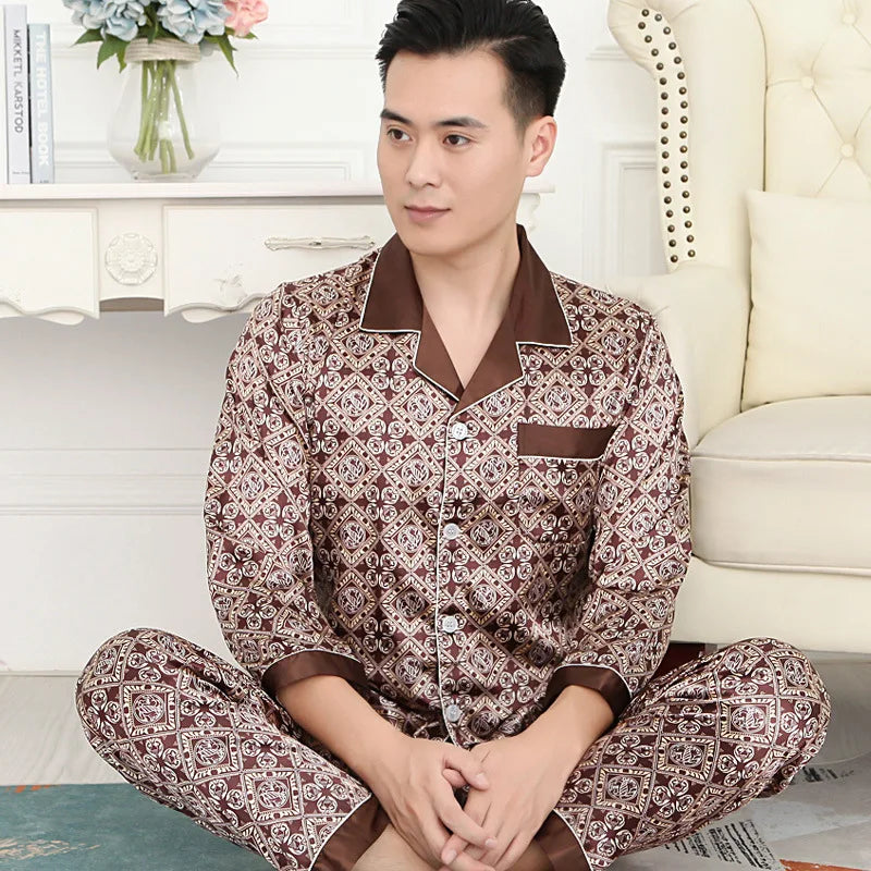 Men's High Quality Pajama Set | Spring & Autumn Thin Ice Silk Polyester Sleepwear | Long Sleeve Plus Size Summer Homewear