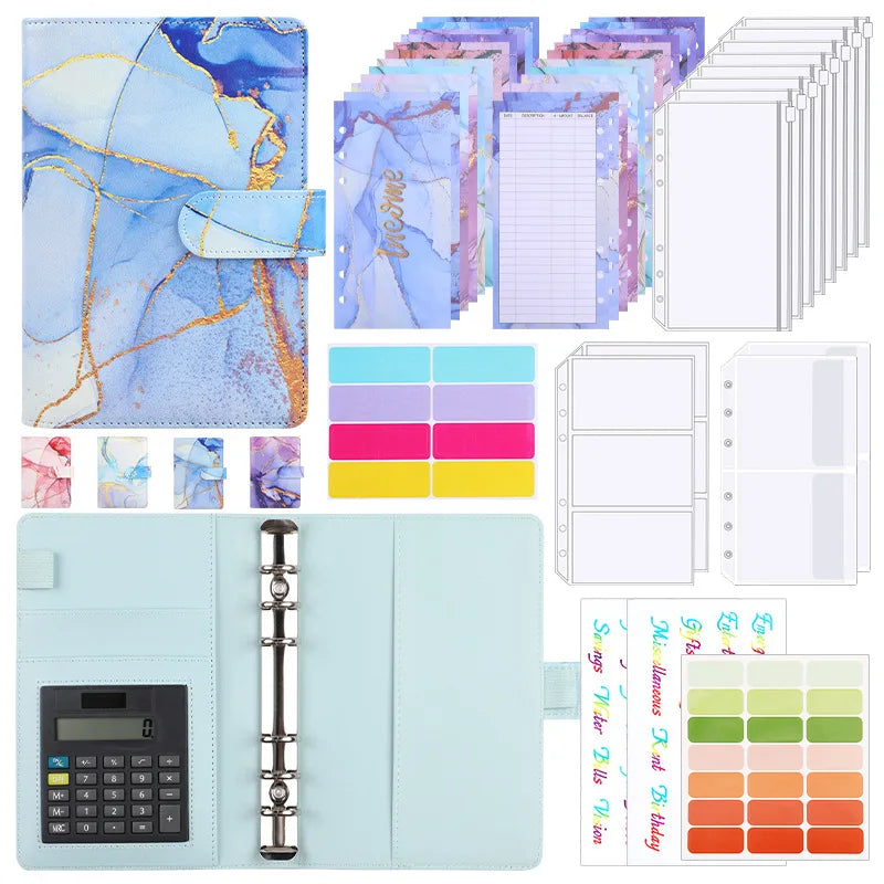 A6 Marble with Calculator Money Budget Planner Binder Zipper Envelopes Cash Envelopes for Budgeting Money Organizer Binder