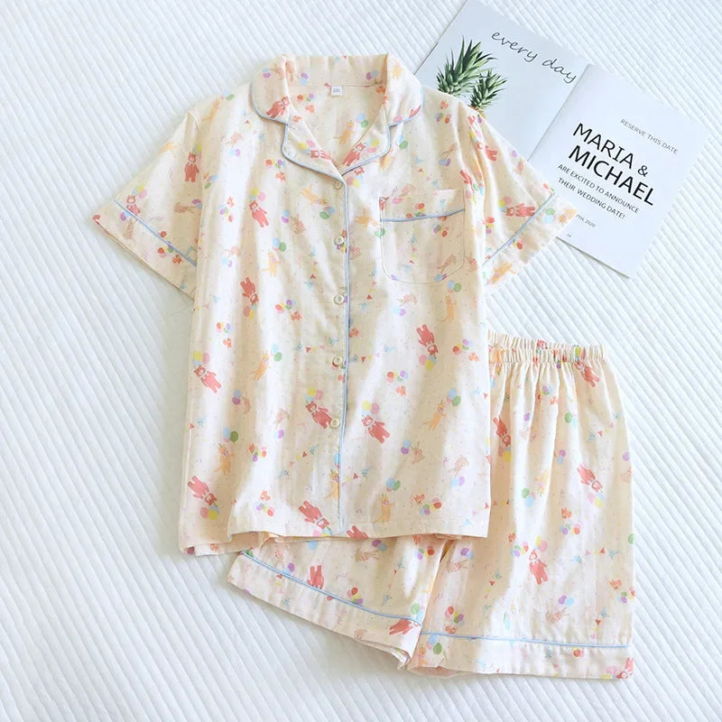 New 100% Cotton Short-Sleeved Pajama Set for Women | Cute Cartoon Japanese-Style Summer Sleepwear