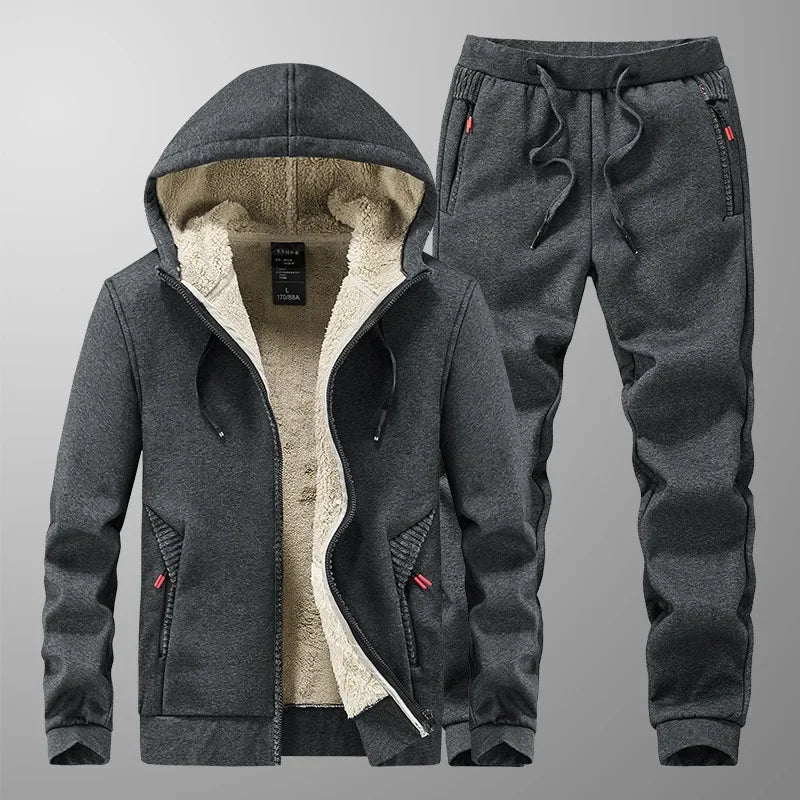 Men’s Winter Cashmere Fleece Tracksuit – Thick Warm Hooded Thermal 2-Piece Hoodie & Pants Set