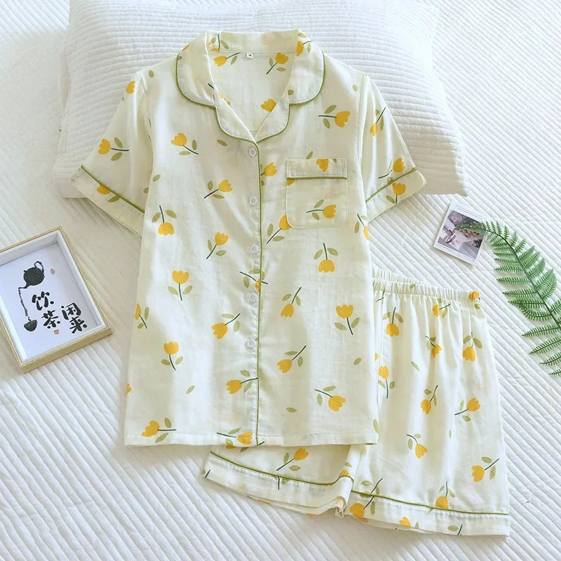 New 100% Cotton Short-Sleeved Pajama Set for Women | Cute Cartoon Japanese-Style Summer Sleepwear