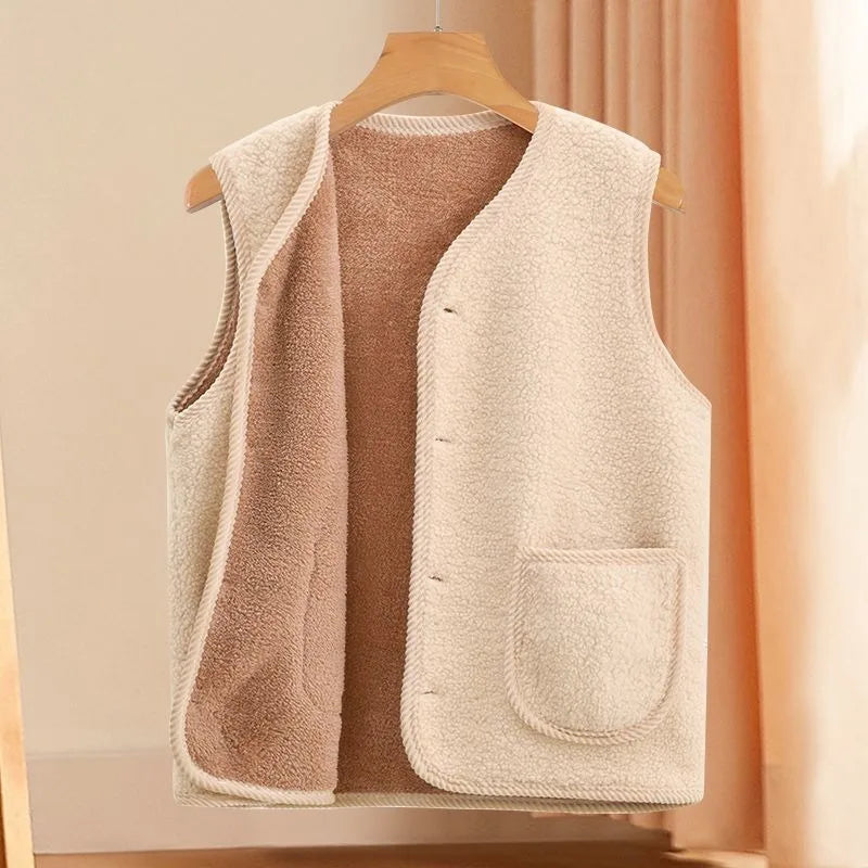 Winter Warm Fleece Vest for Mom Thickened Lamb Wool Plus Size Sleeveless Jacket for Elderly Women