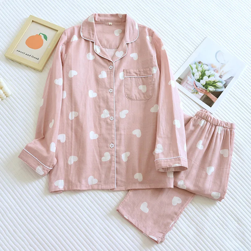 2025 Kimono Femme Maple Leaf Pajama Set | 100% Gauze Cotton Long Sleeve Sleepwear for Women | Autumn Pyjamas Hot Sale