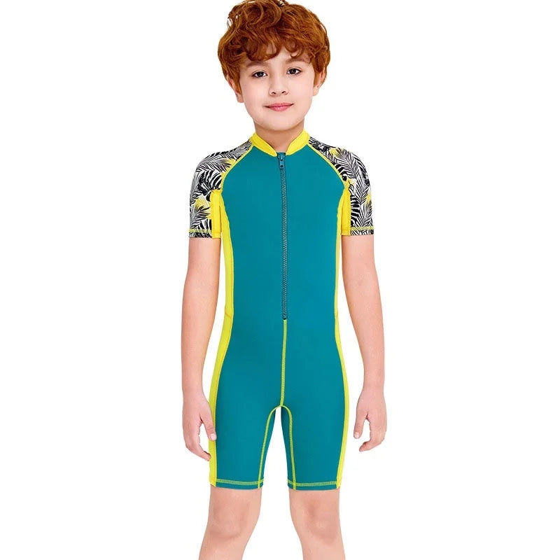 Boys One-Piece Swimsuit Long Sleeve Sun Protection Kids Swimwear with Cap
