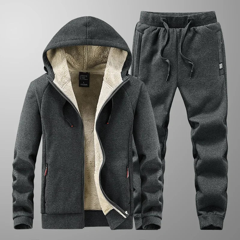 Men’s Winter Cashmere Fleece Tracksuit – Thick Warm Hooded Thermal 2-Piece Hoodie & Pants Set