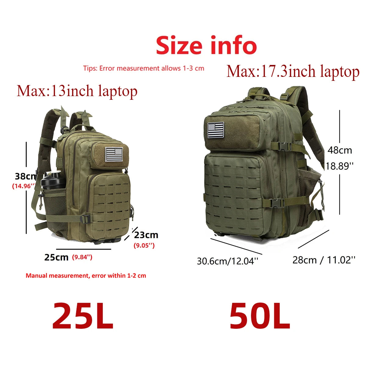 25L/50L Tactical Backpack | MOLLE Outdoor Hiking & Hunting Rucksack for Men with 2 Bottle Holders