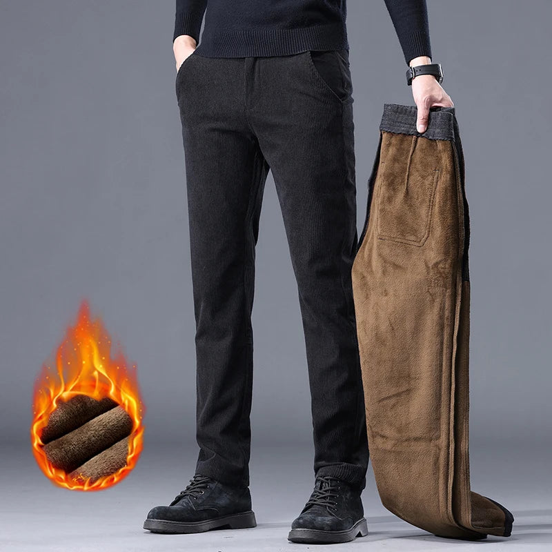 Men's Corduroy Casual Pants – Fleece-Lined Thick Stretch Business Trousers Winter Thermal