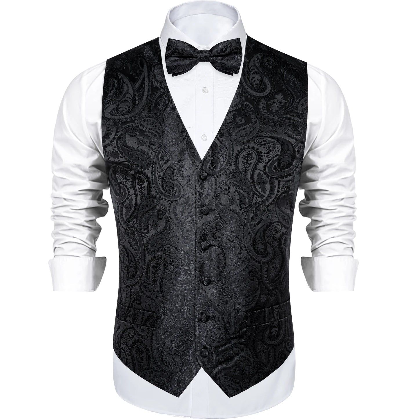 Men's Black Paisley Suit Vest with Necktie & Accessories – Formal Waistcoat for Wedding & Prom