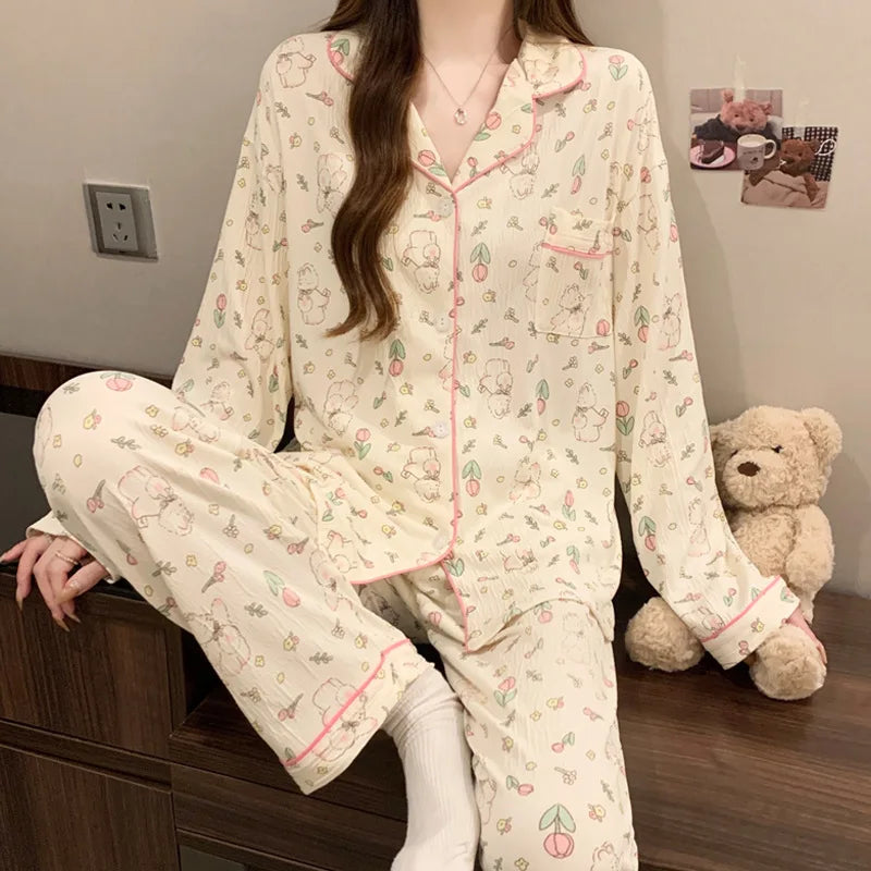 New Spring Autumn Women's Pajama Set | Love Cardigan Long Sleeve Crinkled Fabric Loungewear