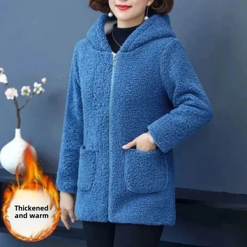 Thickened Hooded Cotton Jacket Women's Warm Winter Fleece-Lined Mommy Style Outerwear