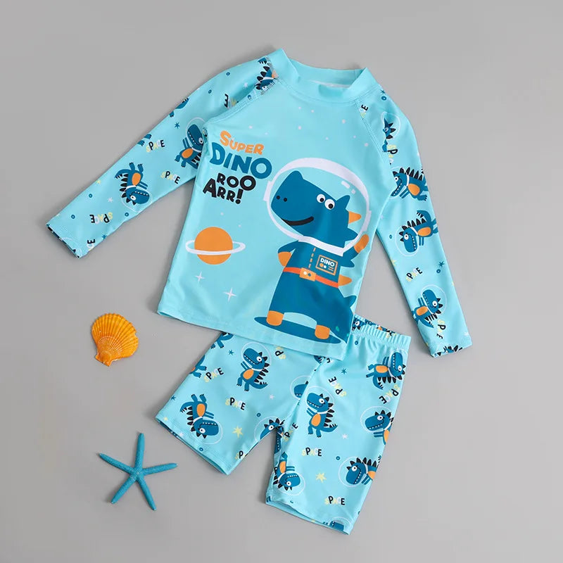 Kids Cartoon Long Sleeve Swimsuit Set Sun Protection Boys Girls Beachwear