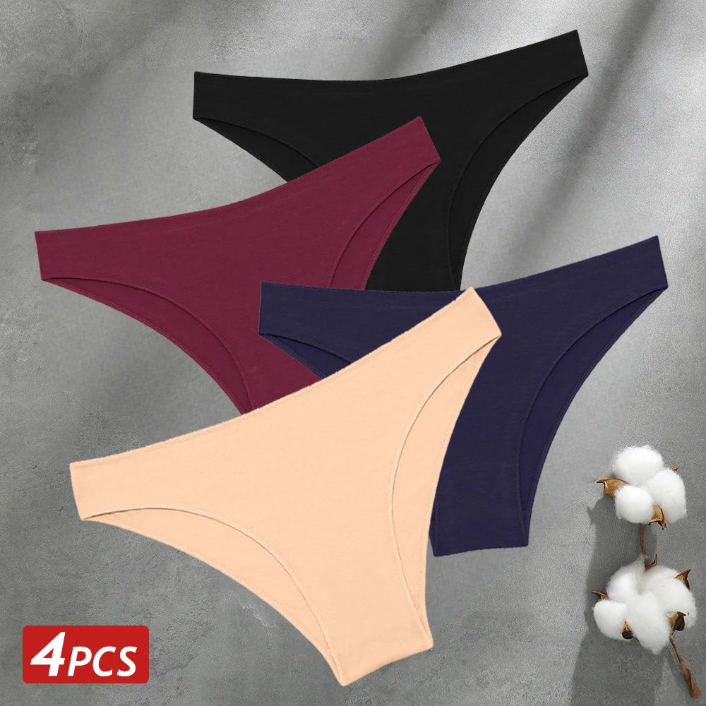 4PCS Seamless Cotton Panties Women Solid Color Low Waist Breathable Stretch Underwear