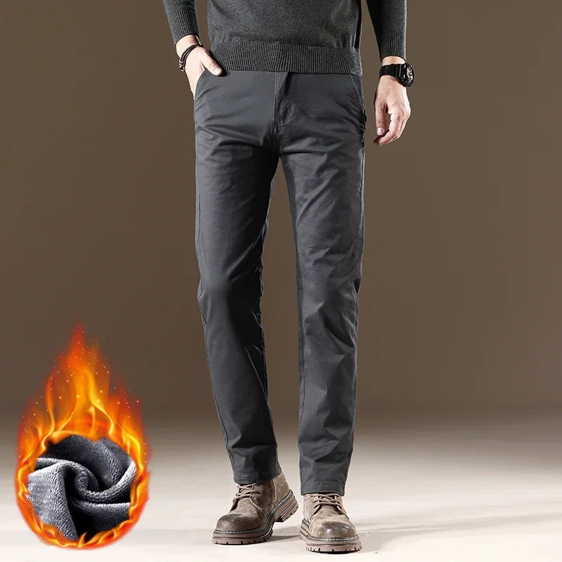 97% Cotton Fleece Business Casual Pants Men | Straight Cozy Stretch Warm Trousers | Winter Thickened Velvet Thermal Clothing