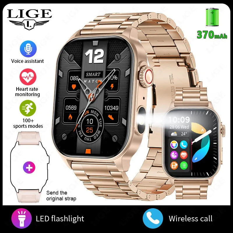 LIGE New Smart Watch | 2.01” HD Screen, AI Voice, Bluetooth Call, Flashlight, Sports & Health Monitor Smartwatch