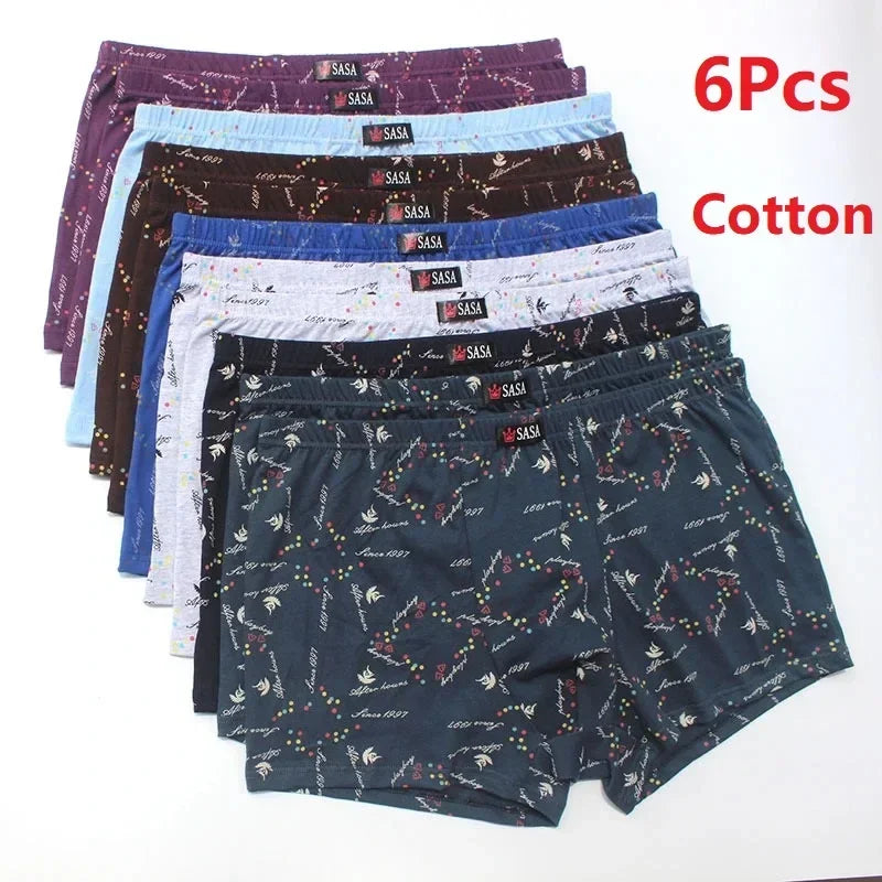 6 PCS Men's Cotton Boxer Shorts | Plus Size Loose Breathable Mid-Waist Underwear | Printed Comfortable Shorts
