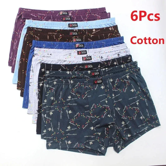 6 PCS Men's Cotton Boxer Shorts | Plus Size Loose Breathable Mid-Waist Underwear | Printed Comfortable Shorts