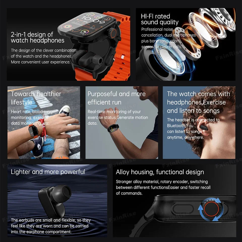 GT8 2-in-1 Smart Watch with Earbuds – Full Touch Screen, Bluetooth Earphone, Heart Rate & Blood Pressure Monitor, Sports Watch