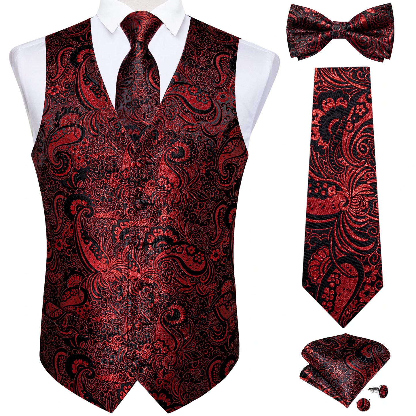 Men's Black Paisley Suit Vest with Necktie & Accessories – Formal Waistcoat for Wedding & Prom