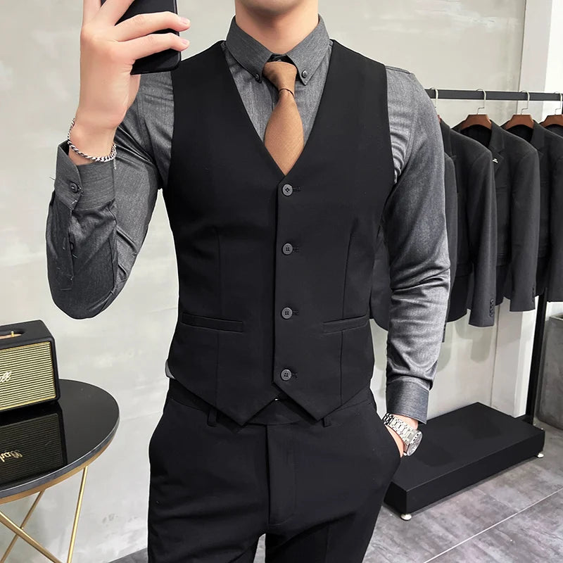 Men's High-End Solid Color Vest – S-7XL Casual Business & Groom Wedding Waistcoat