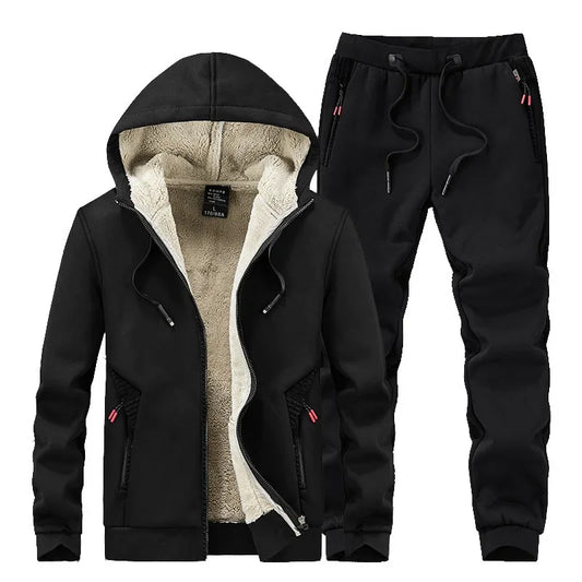 Men’s Winter Cashmere Fleece Tracksuit – Thick Warm Hooded Thermal 2-Piece Hoodie & Pants Set