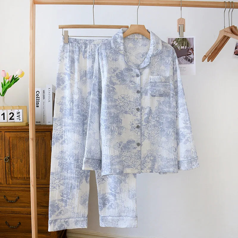100% Cotton Gauze Women's Pajama Set | Ink Painting Print 2-Piece Sleepwear | Comfortable Nightwear & Home Loungewear