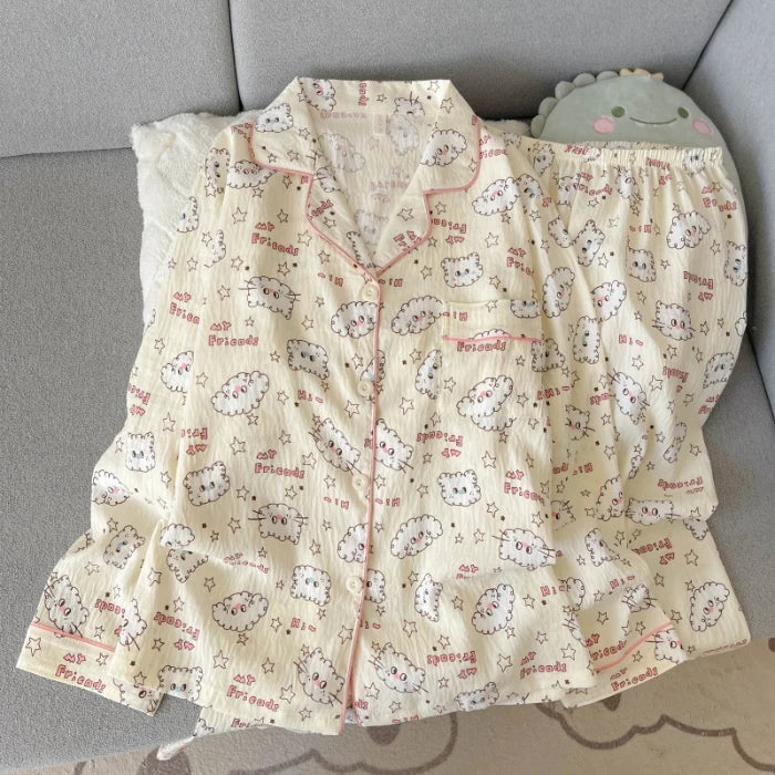 Autumn Women's Kawaii Pajama Set | Harajuku Style Line Star Dog Print 2-Piece Cute Loungewear