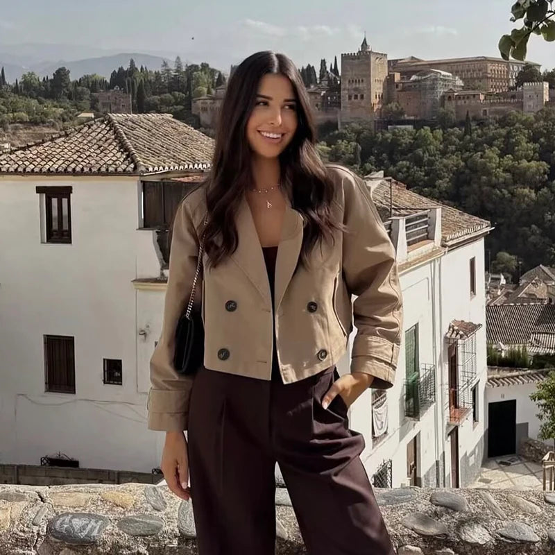 Women's Double-Breasted Short Trench Coat Turn-Down Collar Long Sleeve Vintage Chic Outerwear