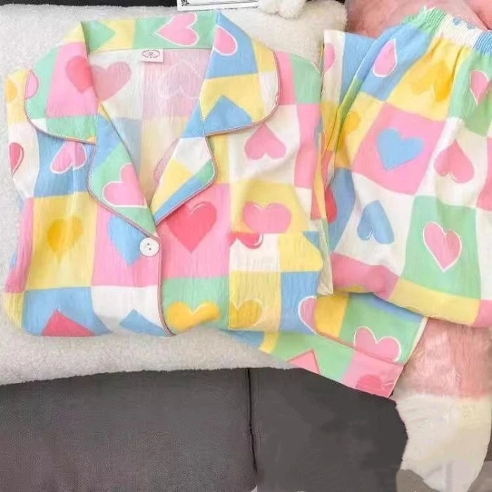 Autumn Women's Hello Kitty Pajama Set | Harajuku Style Plaid 2-Piece Cute Cartoon Sleepwear