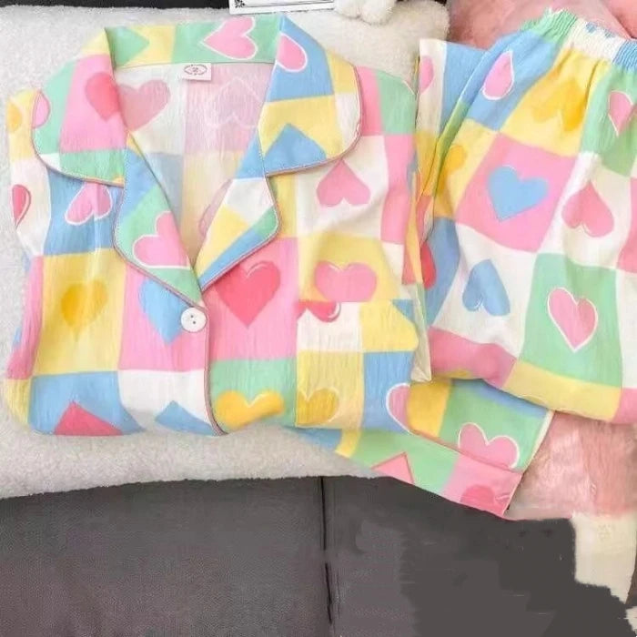 Autumn Women's Plaid Pajama Set | Korean Style Embroidered Dog 2-Piece Soft Vintage Sleepwear