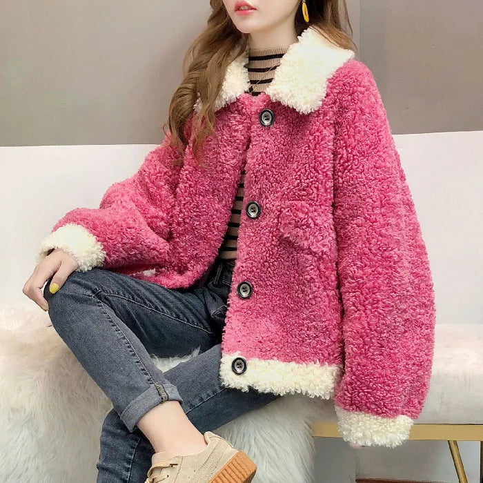 Women's Loose Fit Lamb Velvet Thickened Autumn Winter Button-Up Cardigan Coat Casual Style