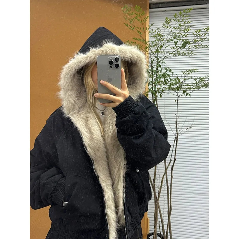 American Retro Fur Collar Hooded Jacket Women Y2K Streetwear Winter Velvet Thickened Warm Harajuku Loose Casual Jacket
