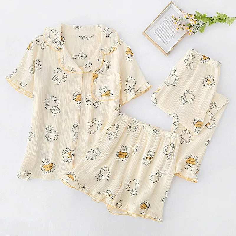 Summer Women's Pajama Set | 3-Piece 100% Gauze Cotton Sleepwear with Short Sleeve Top, Long Pants & Shorts