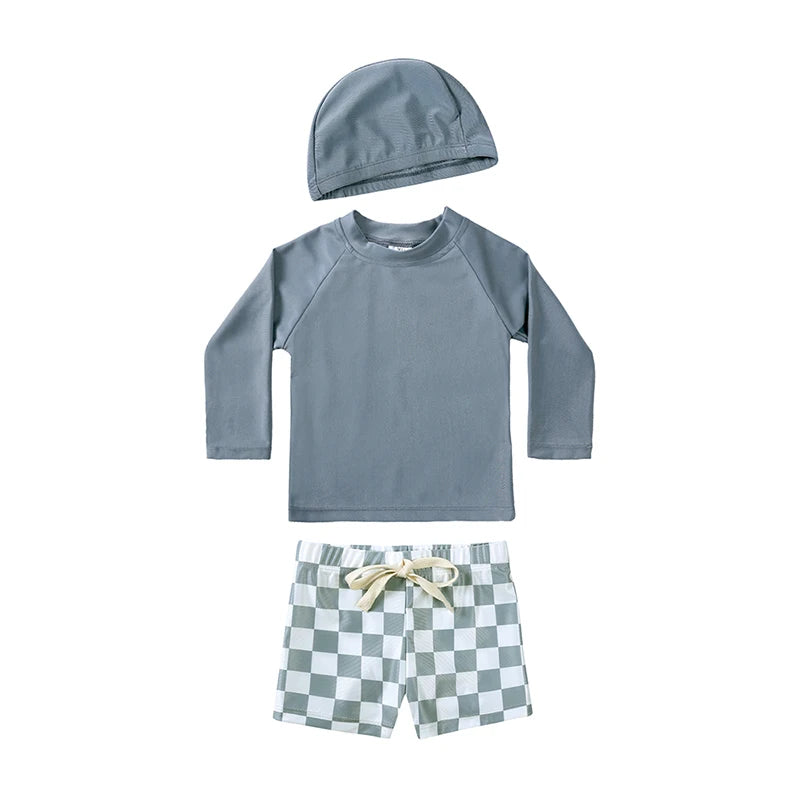 2025 Kids Boys Sun Protection Swimsuit Set Long Sleeve Tops Beach Pants Hat 1-7T