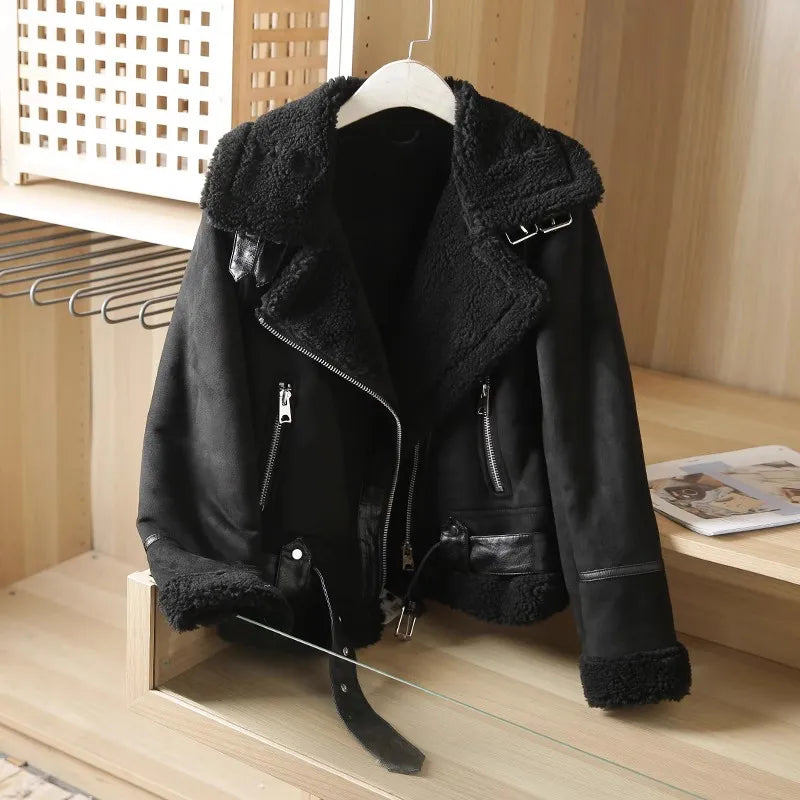 2025 Winter Women Warm Suede Lamb Jacket Short Motorcycle Faux Shearling Brown Coats