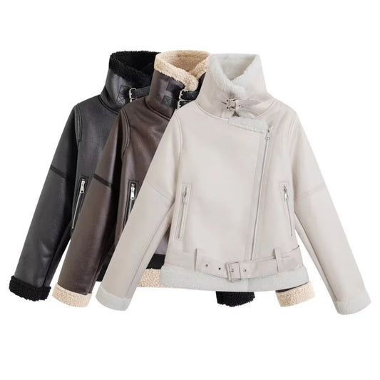 2024 Autumn/Winter Fashion Women's Fur Integrated Retro Motorcycle Jacket