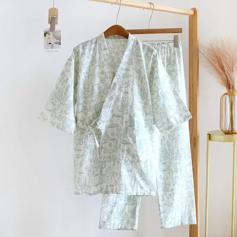 2025 Japanese Style Women's Kimono Pajama Set | 100% Cotton Gauze Seven Sleeve Two-Piece | Cute Spring & Autumn Homewear