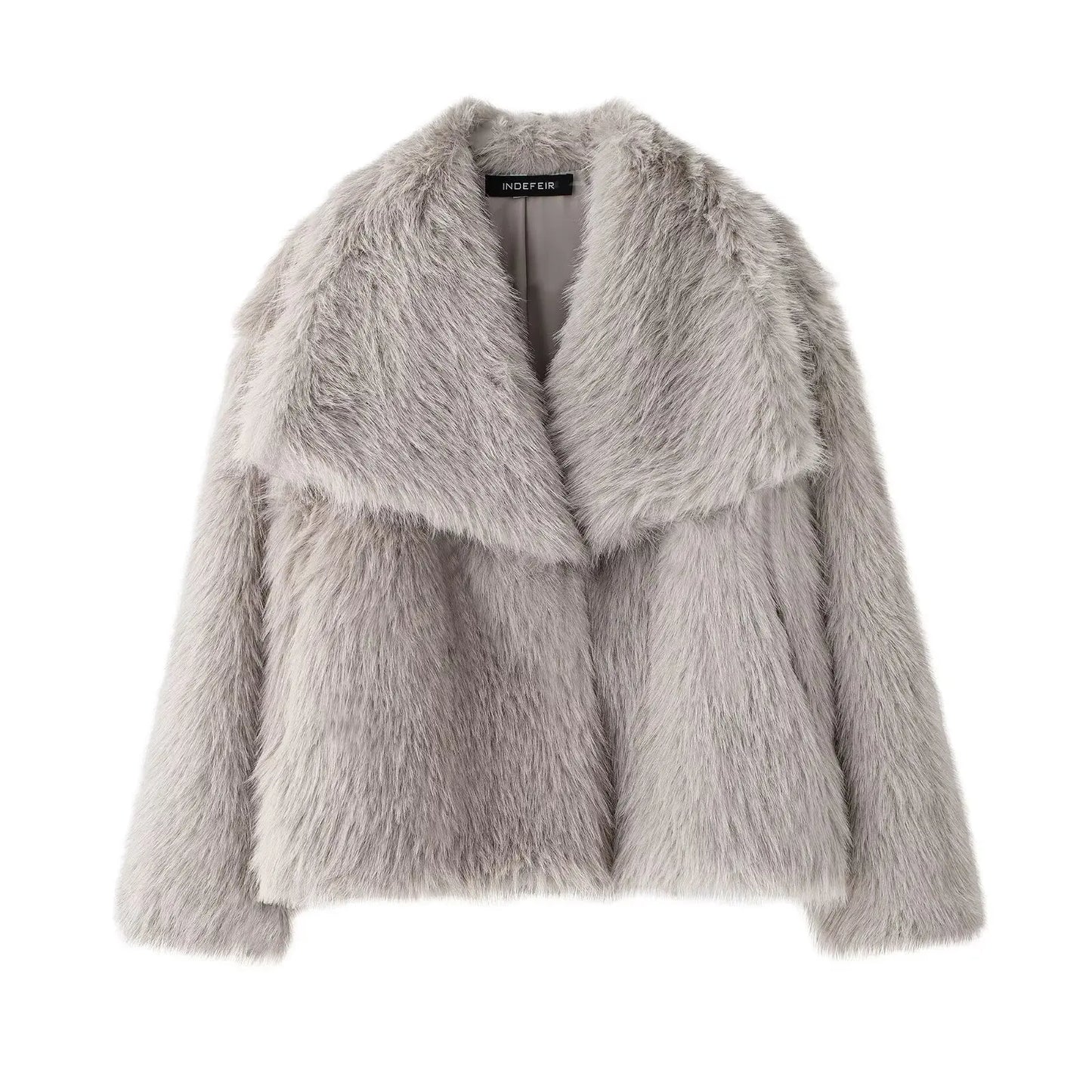 HH Women Fashion Cropped Faux Fur Jacket Long Sleeve Snap-Button Outerwear Chic Lapel Collar