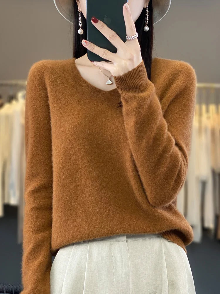 Fashion 100% Merino Wool Cashmere V-Neck Sweater Women Long Sleeve Autumn Winter Knitwear