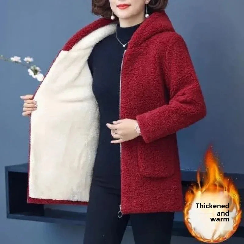 Thickened Hooded Cotton Jacket Women's Warm Winter Fleece-Lined Mommy Style Outerwear