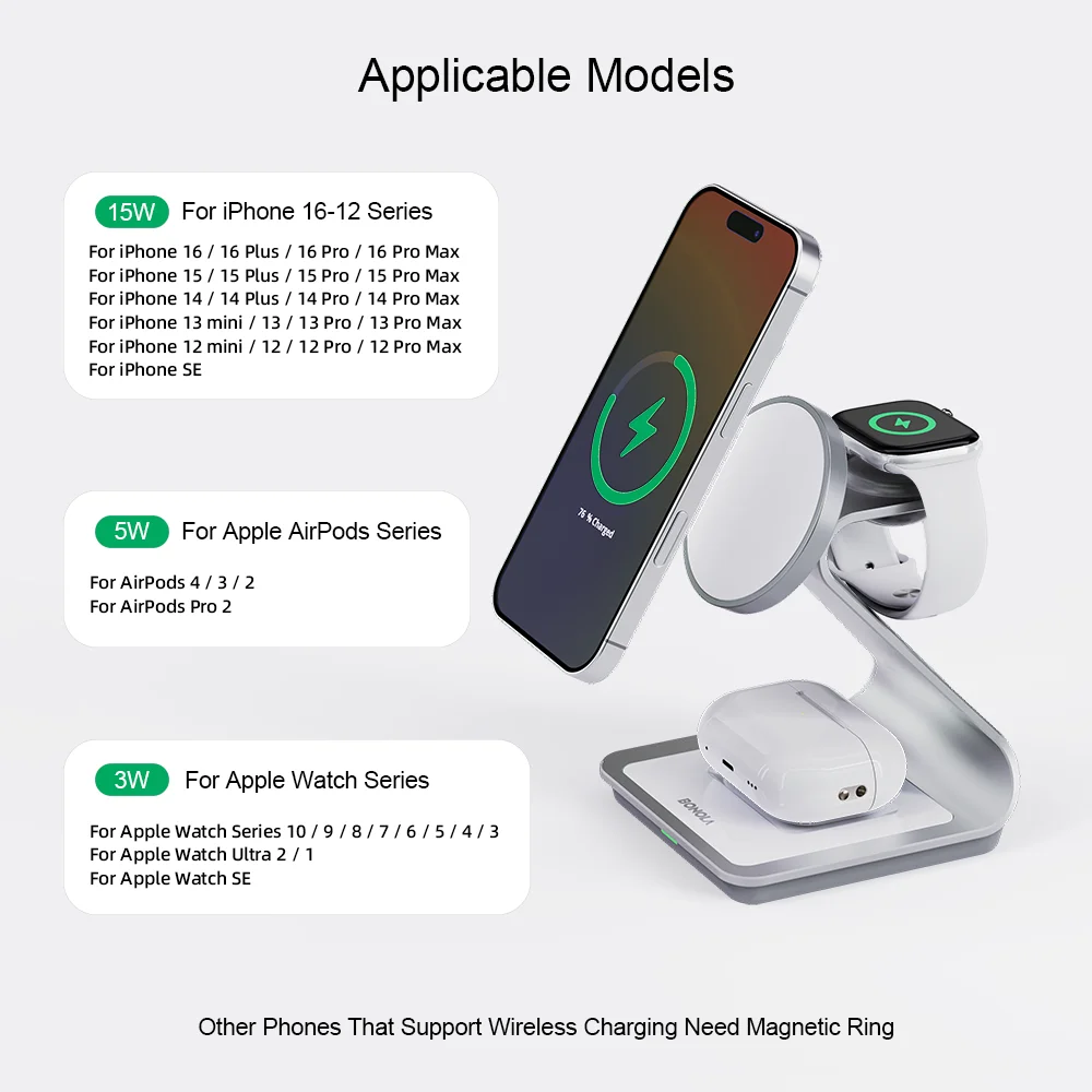 شاحن لاسلكي مغناطيسي 3 في 1 من بونولا - محطة شحن سريع بقوة 30 واط لأجهزة iPhone وApple Watch وAirPods Pro
