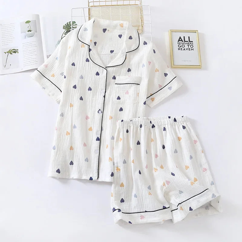 Japanese Summer Women's Pajama Set | Cotton Gauze Short Sleeve & Shorts Cute Heart Sleepwear