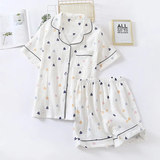 Japanese Summer Women's Pajama Set | Cotton Gauze Short Sleeve & Shorts Cute Heart Sleepwear